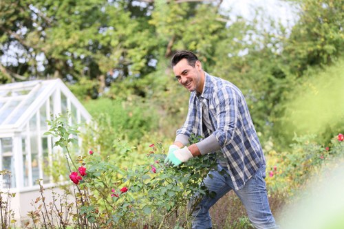 Gardening tools and a maintained lawn during an outdoor visit